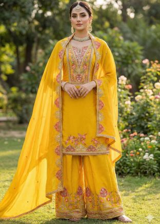 Yellow Chiffon Palazzo Suit With Floral Embroidery