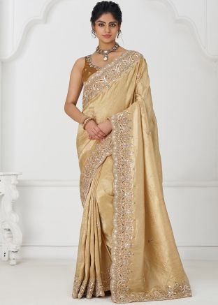 Beige Embroidered Border Art Silk Saree