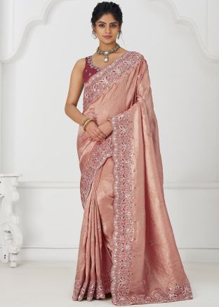 Peach Woven Saree In Art Silk