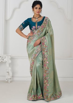 Pastel Green Embroidered Saree & Blouse