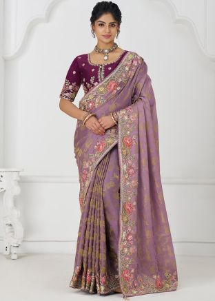 Purple Woven Viscose Saree & Blouse