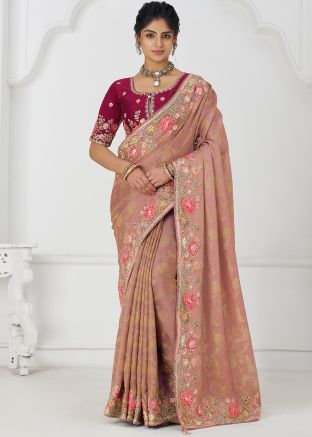 Peach Embroidered Viscose Saree & Blouse