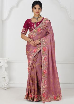 Pink Viscose Saree With Embroidered Blouse