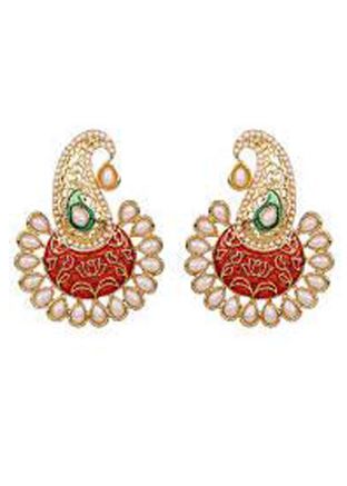 Red And Golden Pearl Studded Earrings