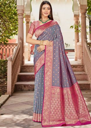 Grey Zari Woven Saree In Silk