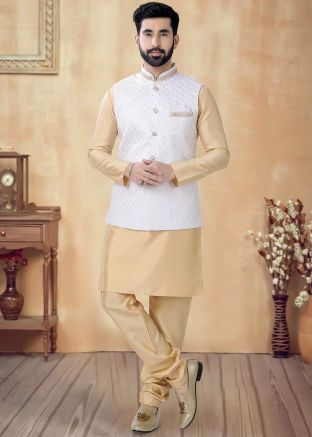 Golden Readymade Kurta Pajama With Nehru Jacket