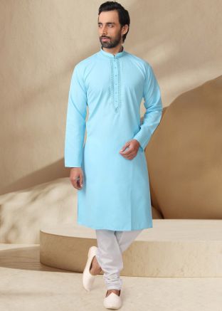 Blue Embroidered Kurta Pajama In Cotton