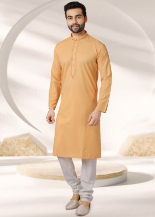 Peach Embroidered Kurta Pajama In Cotton