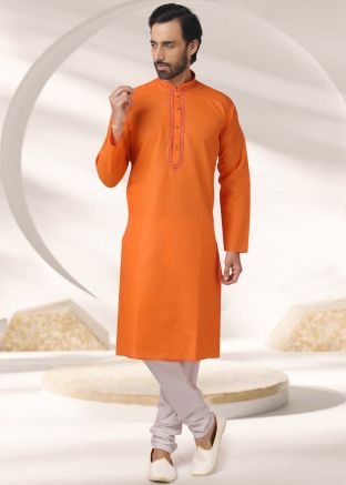 Orange Embroidered Kurta Pajama In Cotton
