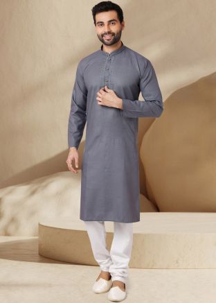 Grey Embroidered Kurta Pajama In Cotton