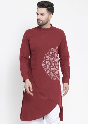 Maroon Embroidered Mens Kurta