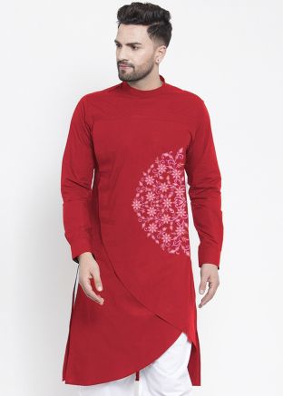 Red Embroidered Mens Kurta