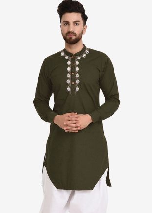 Green Embroidered Mens Kurta
