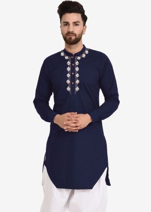 Blue Embroidered Mens Kurta