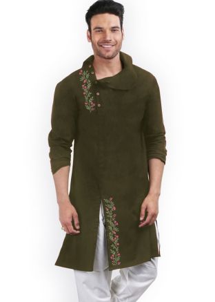 Green Embroidered Mens Kurta
