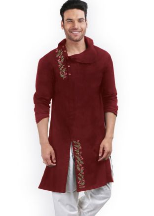 Maroon Embroidered Mens Kurta
