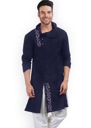 Blue Embroidered Mens Kurta
