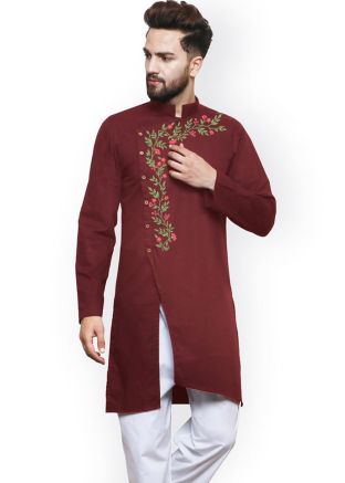 Maroon Embroidered Mens Kurta