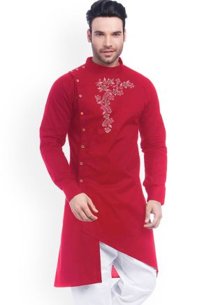 Red Embroidered Mens Kurta