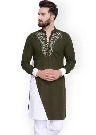 Green Embroidered Mens Kurta