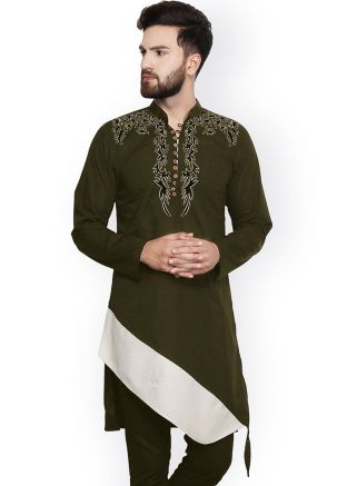 Green Embroidered Mens Kurta