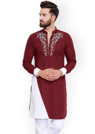Maroon Embroidered Mens Kurta