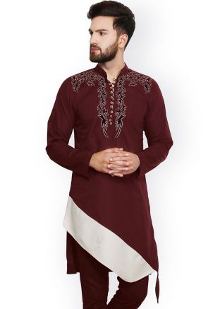 Maroon Embroidered Mens Kurta