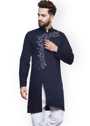 Blue Embroidered Mens Kurta
