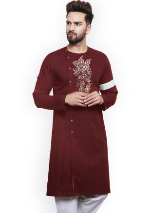 Maroon Embroidered Mens Kurta