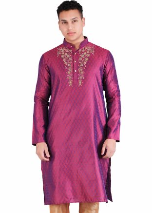 Pink Embroidered Mens Kurta