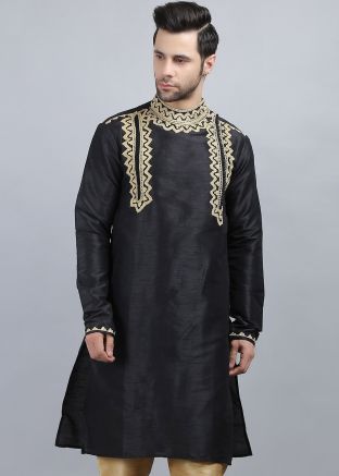 Black Embroidered Dupion Silk Kurta