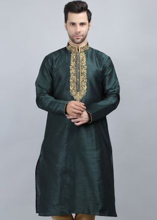 Green Embroidered  Mens Kurta