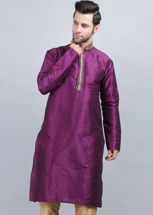 Purple Embroidered Dupion Silk Kurta