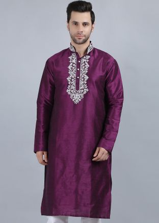 Purple Embroidered Mens Kurta In Dupion Silk
