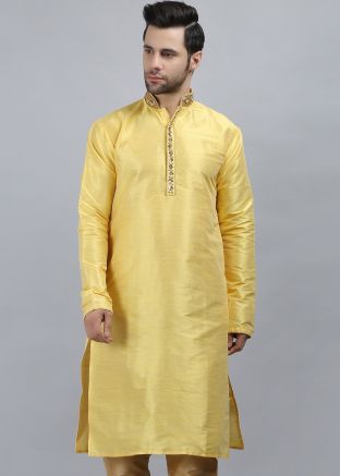Yellow Embroidered Mens Kurta For Festive