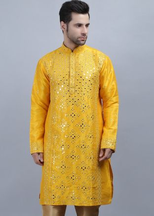Yellow Embroidered Mens Kurta In Dupion Silk