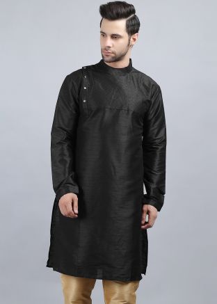 Black Readymade Kurta In Thread Embroidery