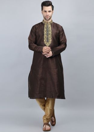 Brown Embroidered Kurta Pajama In Dupion Silk
