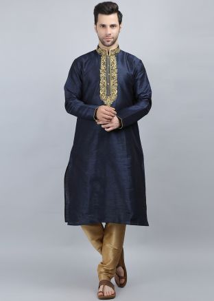 Blue Dupion Silk Kurta Pajama In Embroidery