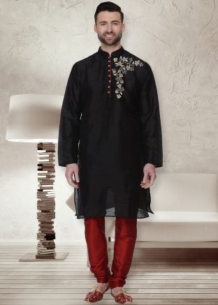 Black Readymade Printed Dupion Silk Mens Kurta Pajama