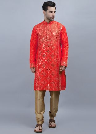 Red Mirror Work Kurta Pajama