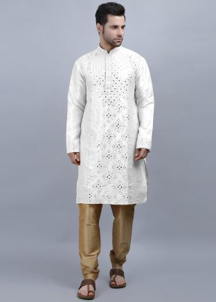 White Kurta Pajama In Mirror Work