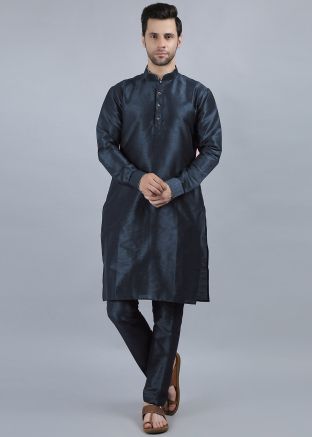 Blue Mens Kurta Pajama In Dupion Silk