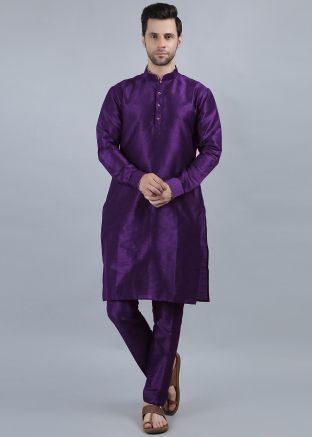 Purple Mens Kurta Pajama In Dupion Silk