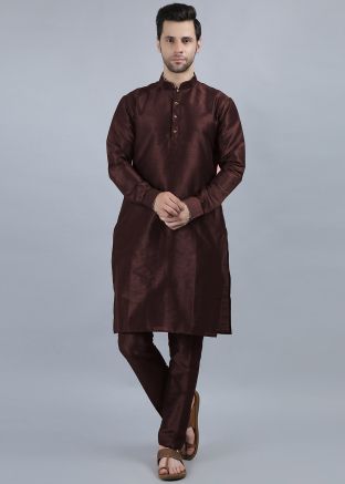 Brown Mens Kurta Pajama In Dupion Silk