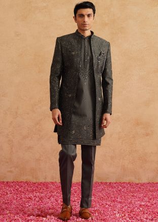 Black Embroidered Men Indo Western Sherwani Set