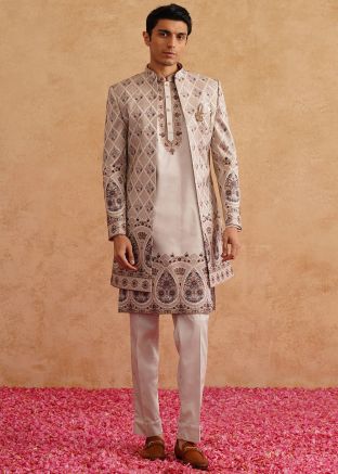 Cream Thread Embroidered Indo Western Sherwani