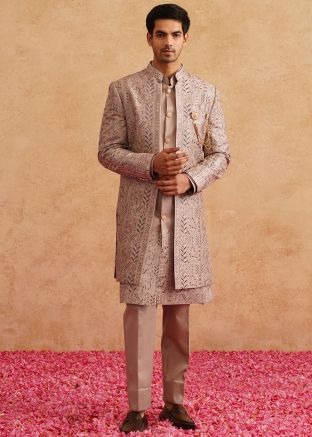 Beige Embroidered Men Indo Western Sherwani