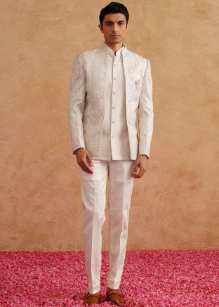 White Embroidered Men Indo Western Sherwani Set
