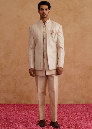 Cream Embroidered Men Indo Western Sherwani